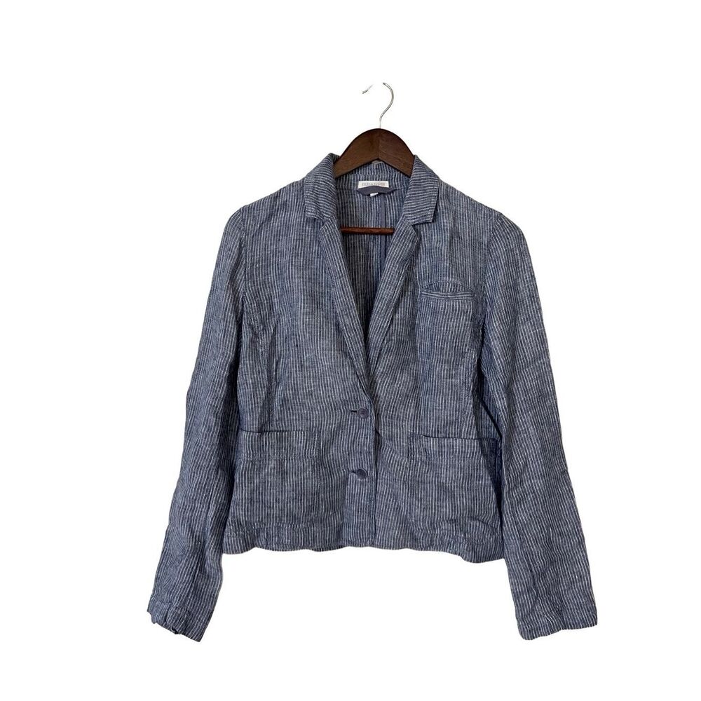 Eileen Fisher Womens Size Small 100% Linen Blazer Jacket Blue Stripe Pockets